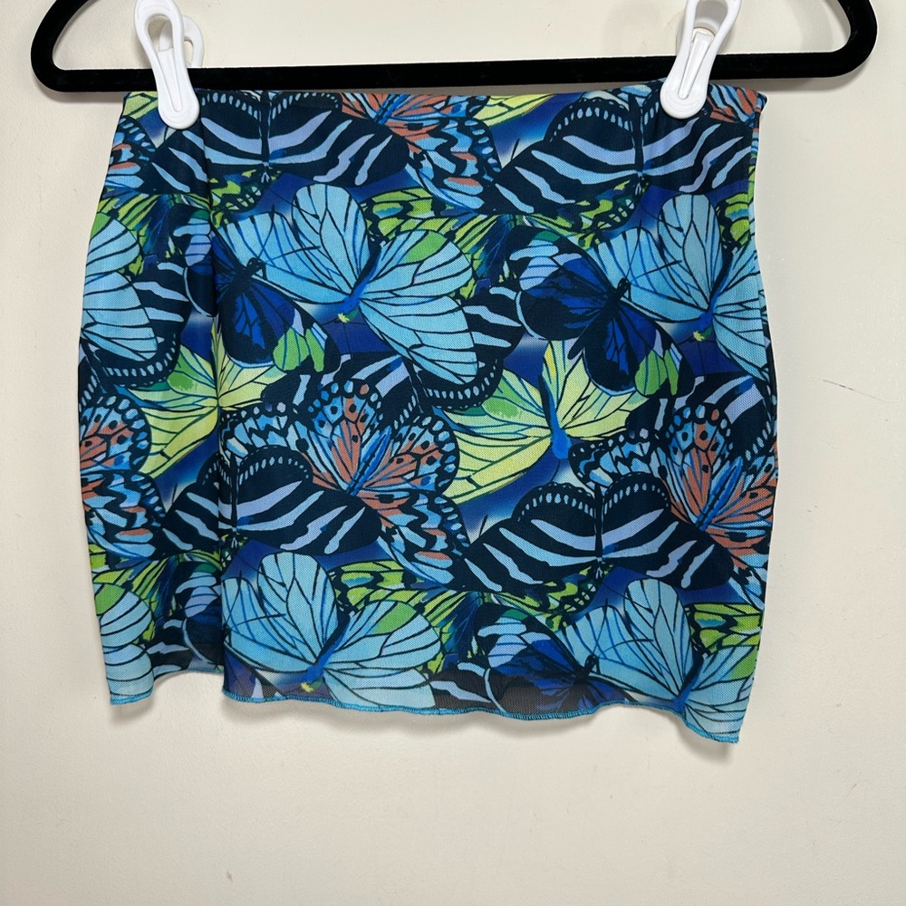Outcast Blue Whimsical Butterfly Print Mesh Women’s Sexy Mini Skirt NWOT Size M - Picture 5 of 12